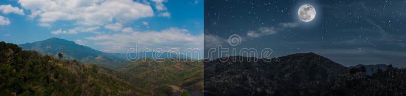 Jour et nuit concept de l'image panoramique de paysage d'été des montagnes image stock Jour et nuit concept de l'image panoramique de paysage d'été des montagnes image stock