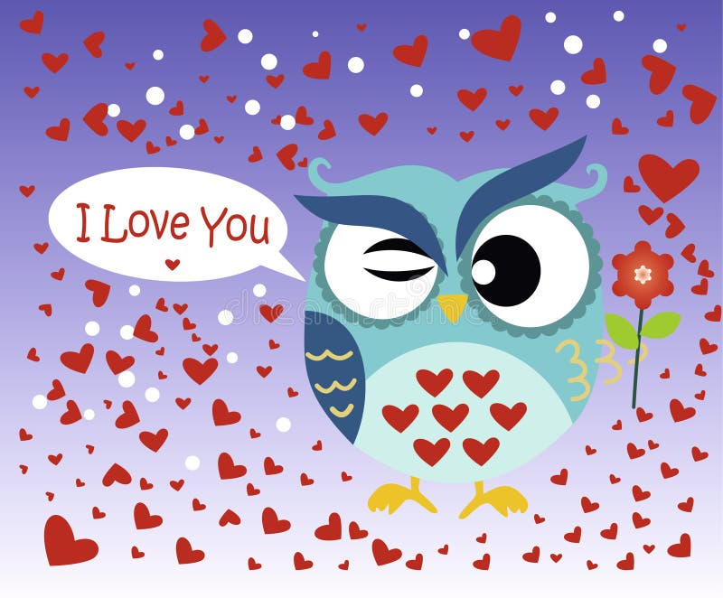 Jour heureux du ` s de Valentine ! Carte de jour du ` s de Valentine avec le hibou bleu plat mignon avec la fleur sur le fond de