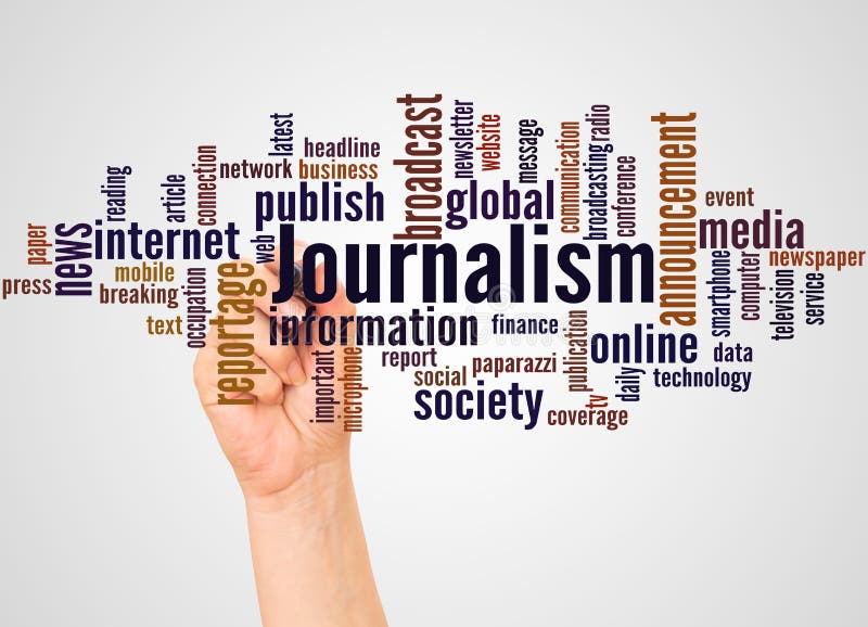 Journalism Word Cloud and Hand with Marker Concept Stock Illustration
