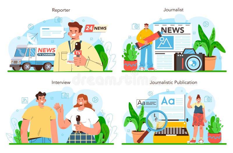 Journalist concept set. Newspaper, internet and radio journalism. TV reporter