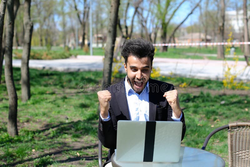 Journalist finished work in park stock photography