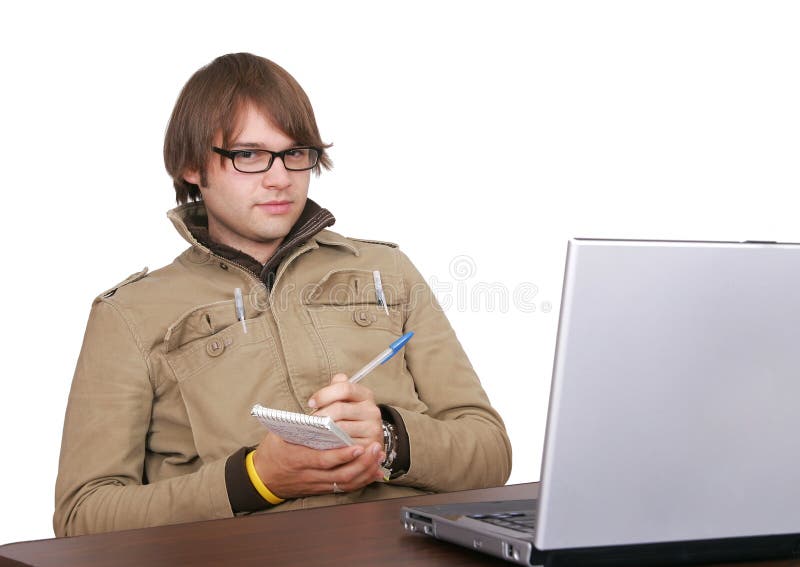 Journalist guy with laptop computer