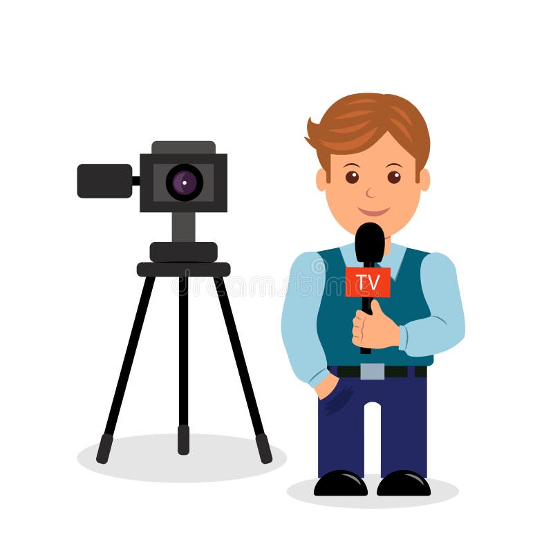 Journalist. Male Character on a White Background with a Camera and