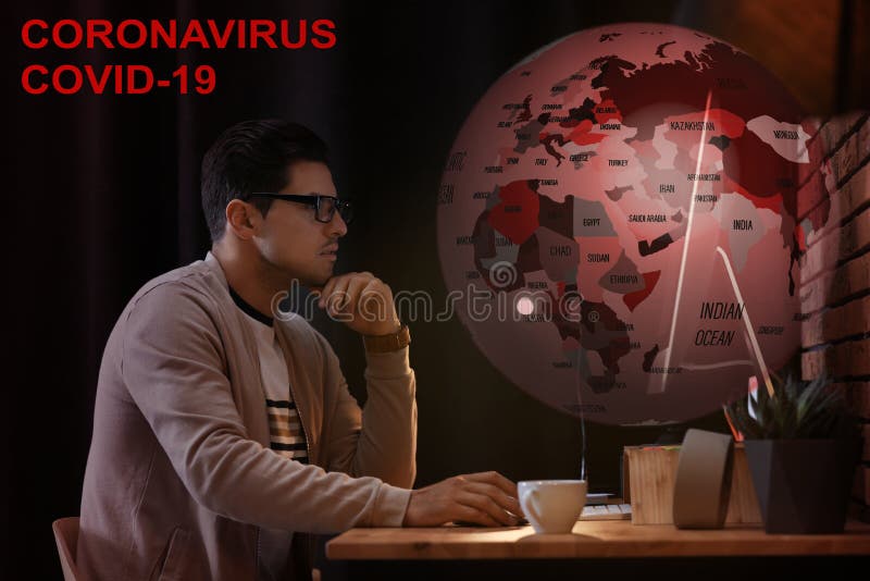 Journalist working with computer in office. Dangerous coronavirus stock images