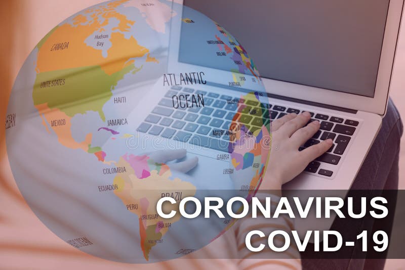 Journalist working on modern laptop at home. Dangerous coronavirus royalty free stock photography