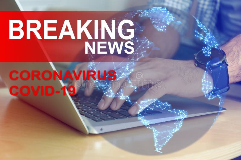 Journalist working on modern laptop at table. Coronavirus breaking news stock illustration