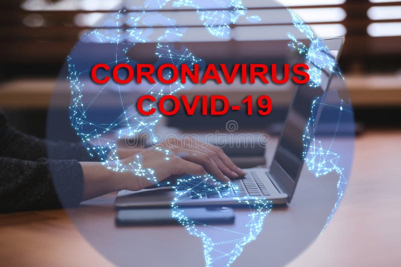 Journalist working on modern laptop at table. Dangerous coronavirus vector illustration