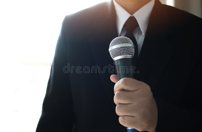 Journalists Filing Microphone Interviewing To Businessman Smart Stock Journalists Filing Microphone Interviewing To Businessman Smart Stock