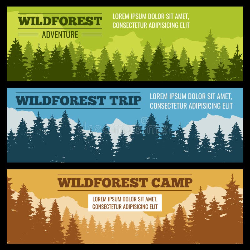 Journey, camping vector banners set with pine tree silhouettes vector illustration Journey, camping vector banners set with pine tree silhouettes vector illustration
