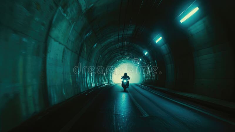 Journey through the Darkness: a Biker S Hopeful Escape. Stock