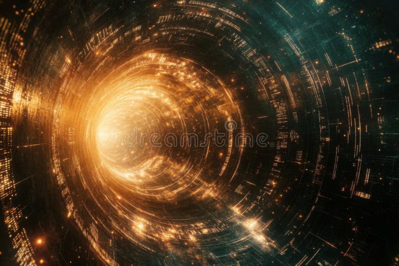 Journey Through Golden Data Tunnel, Exploring Infinite Digital Worlds stock illustration