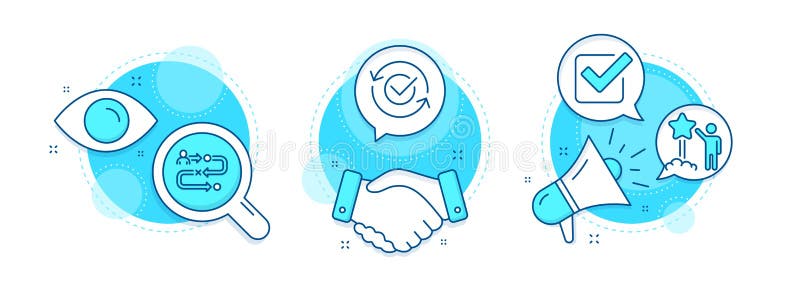 Journey path, Approved and Star icons set. Checkbox sign. Project process, Refresh symbol, Launch rating. Vector. Handshake deal, research and promotion complex icons. Approved tick. Business set.