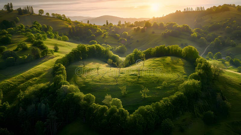 Journée mondiale de l'environnement Un soleil paisible sur des collines ondulées avec des arbres plantés. illustration libre de droits