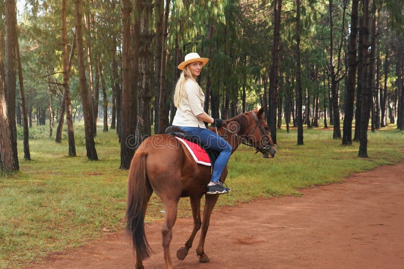 Jovem de camisa descansando em cavalo marrom após passeio