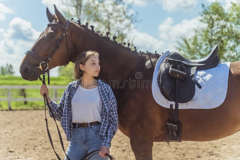 Menina Com Seu Cavalo De Baía Escura Segurando Sua Corda Na Arena Arenosa  Foto de Stock - Imagem de animal, lazer: 225970050