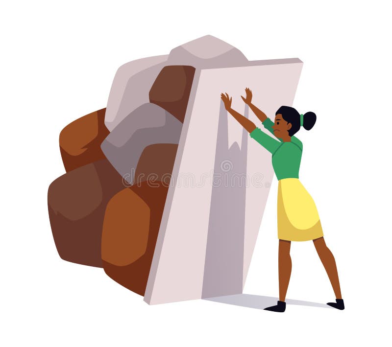 Confident young woman holding door from pile of huge stones flat style, vector illustration isolated on white background. Difficulties and problems metaphor, burden. Confident young woman holding door from pile of huge stones flat style, vector illustration isolated on white background. Difficulties and problems metaphor, burden