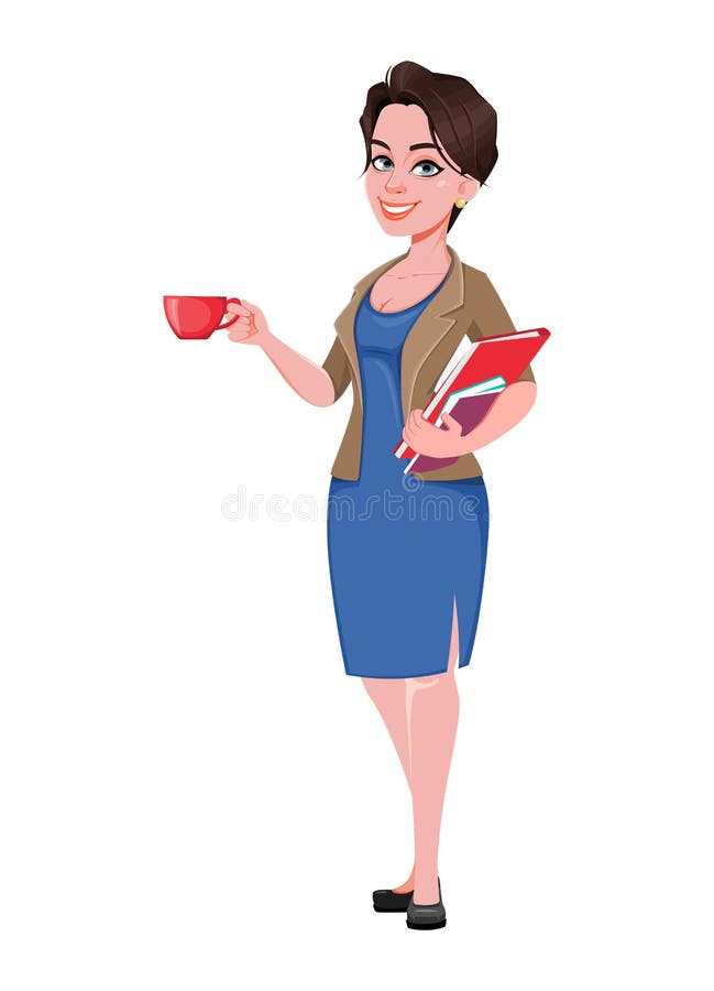 Jovem empresária animada segurando uma xícara de café. ilustração stock
