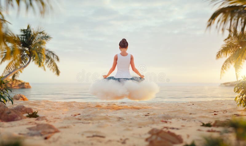 Jovem feliz mulher desfrutada de um belo pôr do sol sentado na nuvem branca em posição de lótus na praia tropical. ilustração royalty free