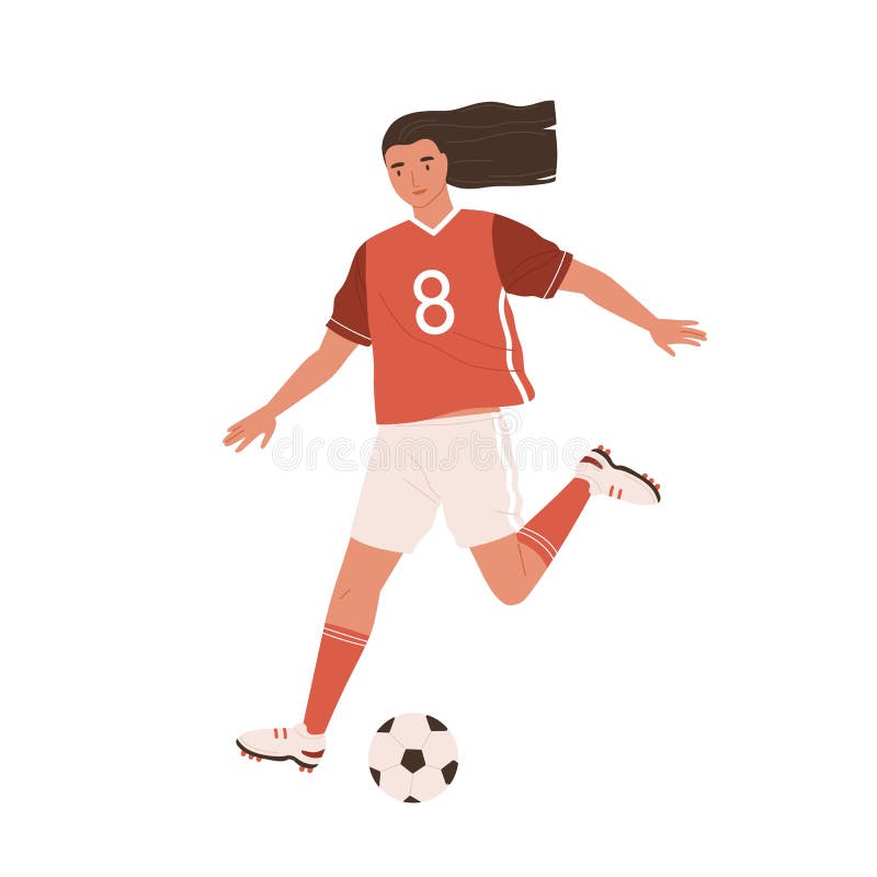 Jovem mulher menina futebol jogador de futebol chutar pênalti bola passe  pênalti tiroteio no campo de futebol fan stand time objetivo ação atividade  desportista profissional ilustração vetorial