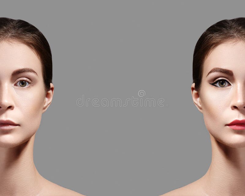 Jovem mulher bonita antes e depois da composição E r fotos de stock royalty free Jovem mulher bonita antes e depois da composição E r fotos de stock royalty free