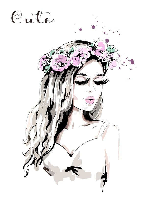 Jovem mulher bonita com a grinalda da flor em seu cabelo ilustração do vetor