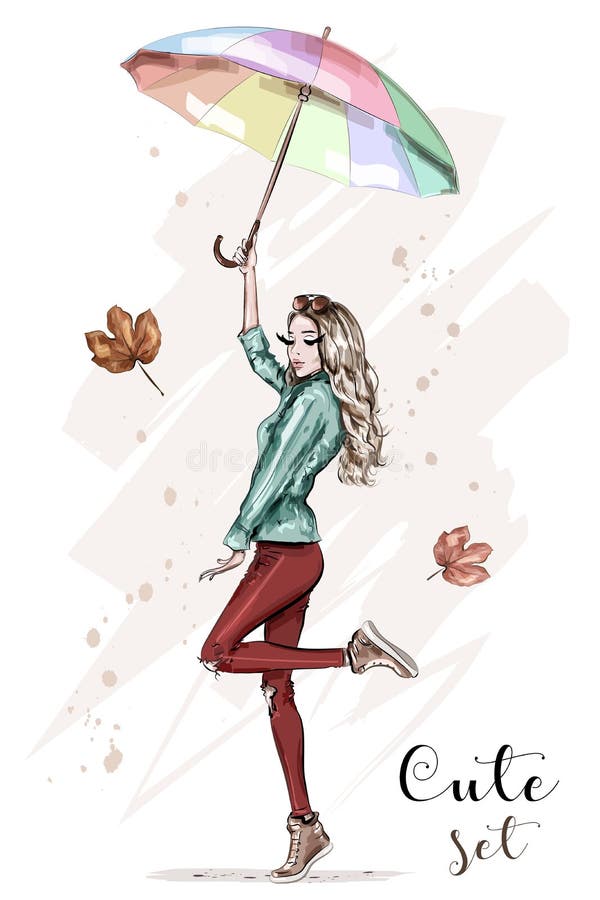 Jovem mulher bonita com guarda-chuva colorido Mão à moda menina tirada na roupa da forma Mulher da forma esboço ilustração royalty free