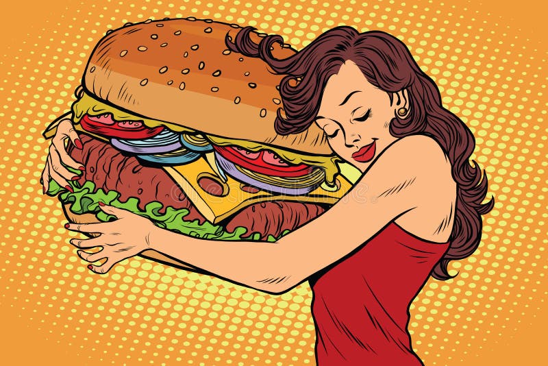 Beautiful young woman hugging Burger. Pop art retro vector vintage illustration. Fast food restaurant, diet and hunger. Beautiful young woman hugging Burger. Pop art retro vector vintage illustration. Fast food restaurant, diet and hunger