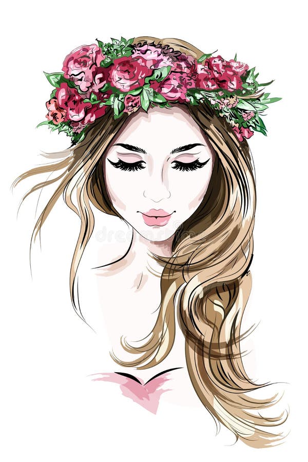 Jovem mulher bonita tirada mão na grinalda da flor Menina bonito com cabelo longo esboço ilustração royalty free