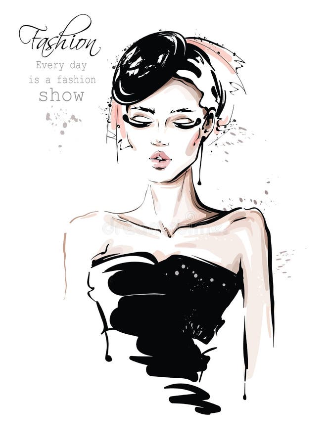 Jovem mulher bonita tirada mão no chapéu negro Menina? moda Olhar da mulher da forma esbo? o ilustração stock