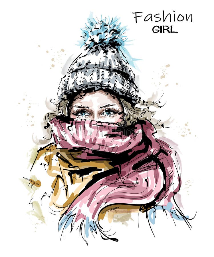 Jovem mulher bonita tirada mão no tampão da malha Olhar à moda do inverno Mulher da forma com lenço ilustração stock