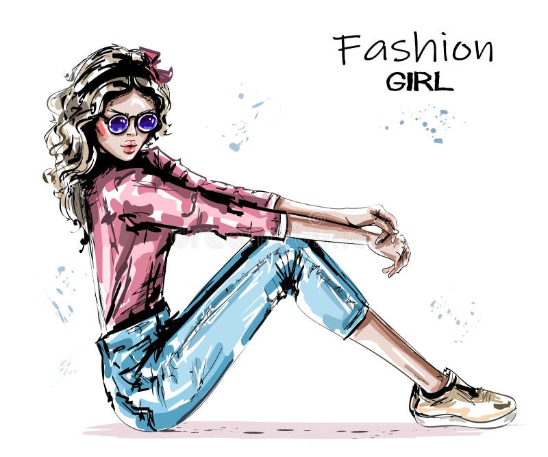 Jovem mulher bonita tirada mão que senta-se no assoalho Óculos de sol elegantes à moda do girlin Olhar da mulher da forma ilustração royalty free