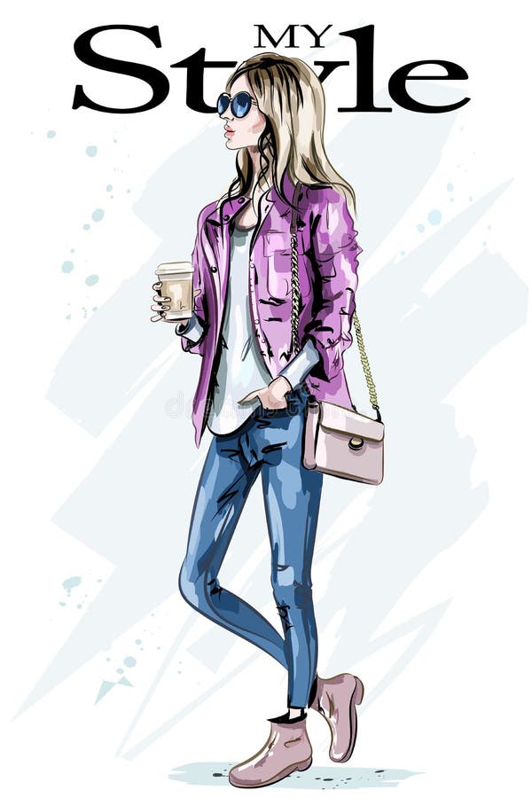 Jovem mulher bonita à moda com caneca de café Mulher tirada mão da forma Menina bonito com cabelo louro ilustração royalty free