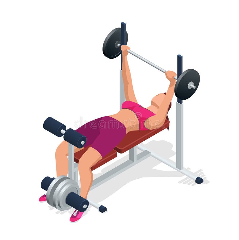 Jovem mulher com o barbell que dobra os músculos no gym Banco de peso ajustável do Gym com o barbell isolado no fundo branco ilustração stock Jovem mulher com o barbell que dobra os músculos no gym Banco de peso ajustável do Gym com o barbell isolado no fundo branco ilustração stock