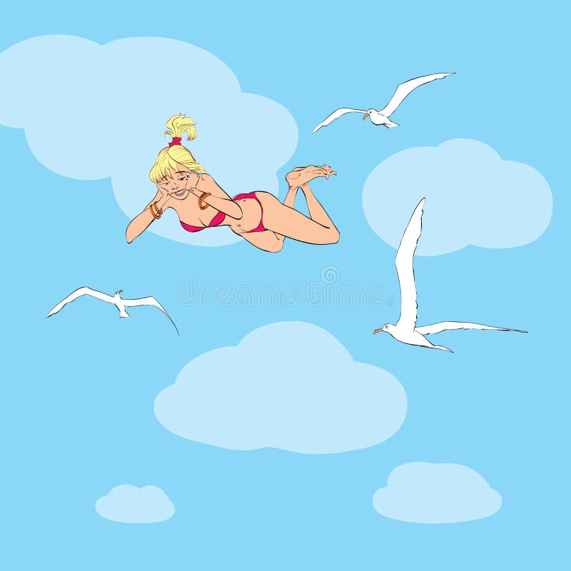 A jovem mulher no roupa de banho sobe com gaivotas ilustração royalty free A jovem mulher no roupa de banho sobe com gaivotas ilustração royalty free