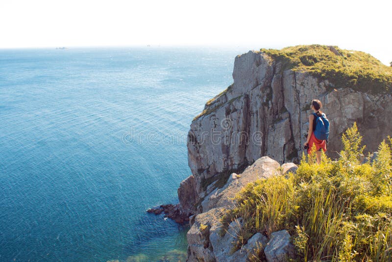 Jovem mulher que está apenas em um penhasco rochoso Turista da menina no fundo de animais selvagens, do mar e de rochas bonitos fotos de stock royalty free Jovem mulher que está apenas em um penhasco rochoso Turista da menina no fundo de animais selvagens, do mar e de rochas bonitos fotos de stock royalty free