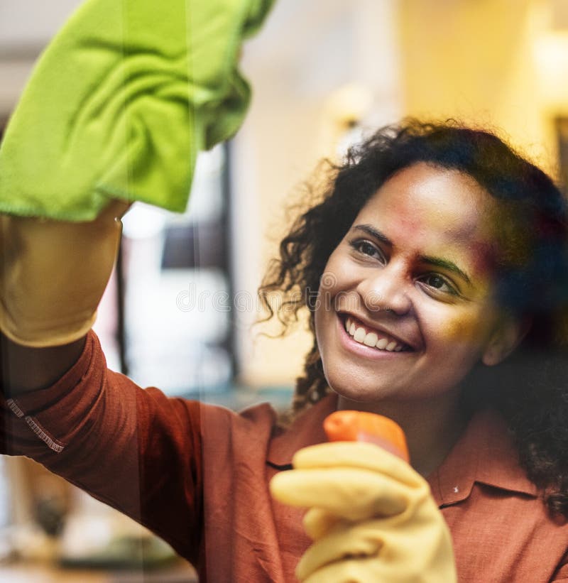 Jovem mulher que limpa um conceito da empregada da janela imagens de stock Jovem mulher que limpa um conceito da empregada da janela imagens de stock