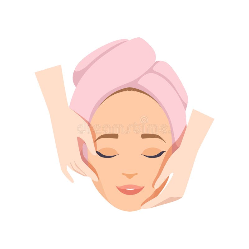 Jovem mulher que tem a massagem antienvelhecimento, procedimento facial da beleza, ilustração do vetor da terapia dos termas em u ilustração stock Jovem mulher que tem a massagem antienvelhecimento, procedimento facial da beleza, ilustração do vetor da terapia dos termas em u ilustração stock