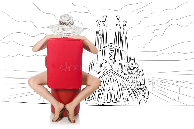 A jovem mulher que viaja a spain para ver o familia de sagrada foto de stock A jovem mulher que viaja a spain para ver o familia de sagrada foto de stock