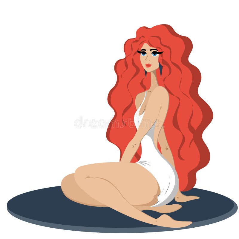 Jovem mulher ruivo bonita e brilhante que senta-se no assoalho em um vestido branco curto ilustração stock Jovem mulher ruivo bonita e brilhante que senta-se no assoalho em um vestido branco curto ilustração stock