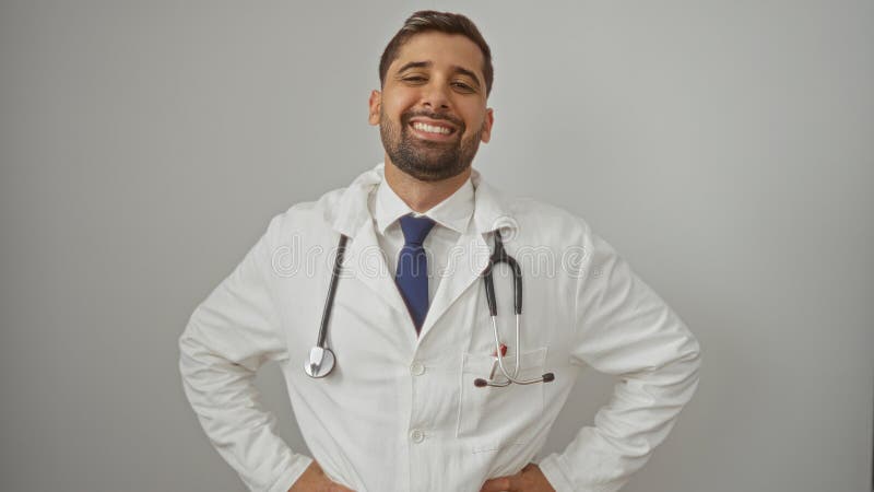Jovem médico hispânico, apessoado e confiante, com estetoscópio, sorrindo contra um fundo branco imagens de stock