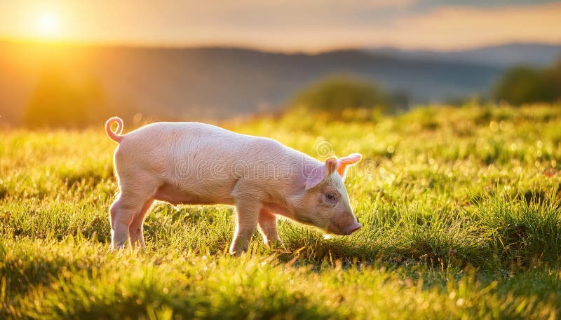 Jovem Piglet Foraging em uma paisagem rural despojada do Sol Uma Mistura de Crianças como a Curiosidade e o Calor entre Natures Bo ilustração royalty free