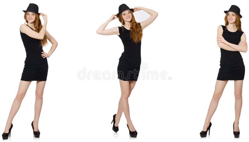 A jovem senhora no vestido preto com chap?u negro imagens de stock royalty free A jovem senhora no vestido preto com chap?u negro imagens de stock royalty free