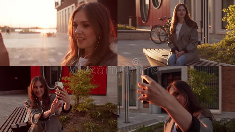 Joven atractiva mujer de negocios sentada al aire libre en el banco y usando un smartphone. almacen de video
