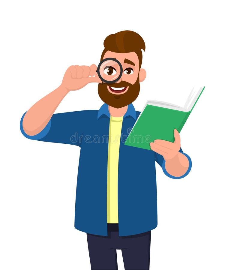 Joven barbudo mirando a través de lupa o lupa y sosteniendo un libro Una persona hipster leyendo y mirando desde un lugar stock de ilustración