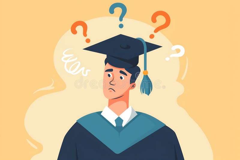 Joven con gorra de graduación y vestido con signos de interrogación libre illustration