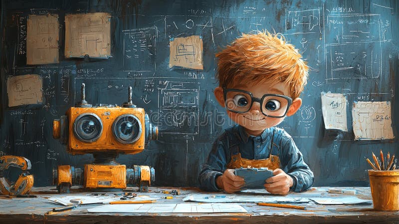 Joven diseñando un robot en el escritorio con planos técnicos y herramientas ilustración del vector