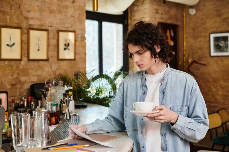 Joven disfrutando del café mientras lee foto de archivo libre de regalías