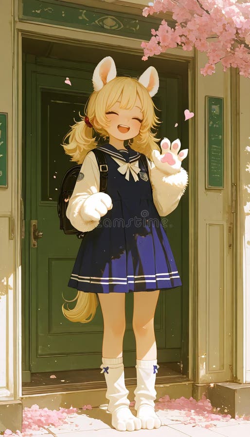 Joven estudiante de anime con características animales en una puerta verde en primavera stock de ilustración
