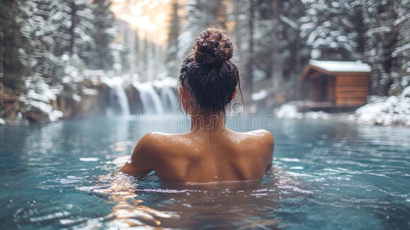 Joven hispana en una tranquila piscina de invierno con cascada y cabaña en segundo plano. generado por IA