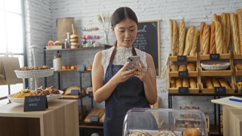 Joven mujer asiática en una panadería mirando su teléfono rodeada de pan y bollería fotografía de archivo